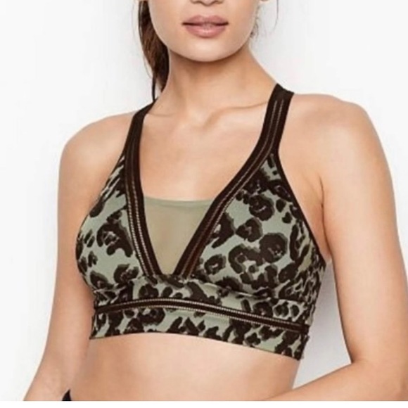 VICTORIA’S SECRET Black Green Cheetah Low Impac Sport Bra Yoga Workout Sz L - Picture 2 of 12